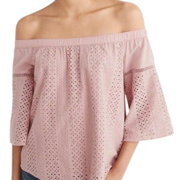 Abercrombie & Fitch Off Shoulder Eyelet Lace Bell Sleeve Blouse Pink S - Picture 1 of 10